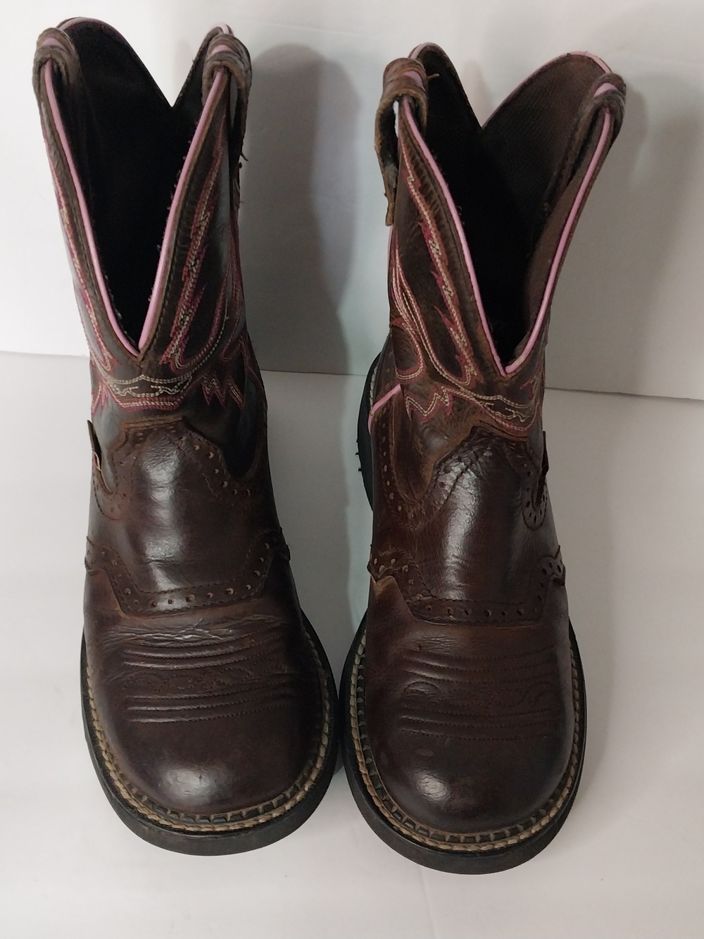 Justin Women"s Boots Brown Leather Western Lace-Up Boots with Pink Trim Size 6